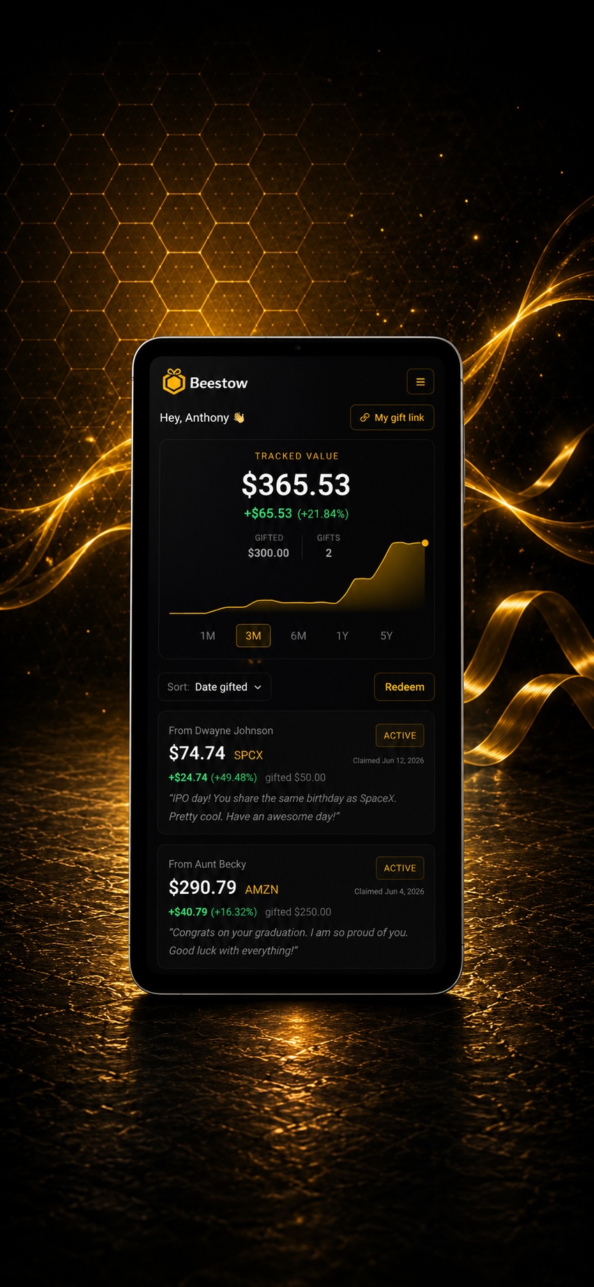 A Beestow recipient dashboard showing gifted stock growing in value